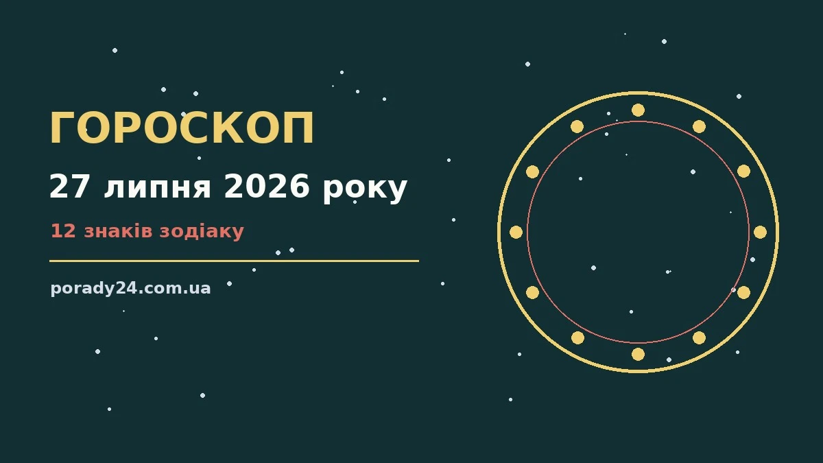 Космічна ілюстрація до гороскопу на 27 липня 2026 року з символами знаків Зодіаку та нічним небом